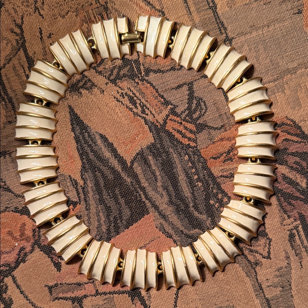 Vintage Enamel Cream and Gold Tome Necklace
